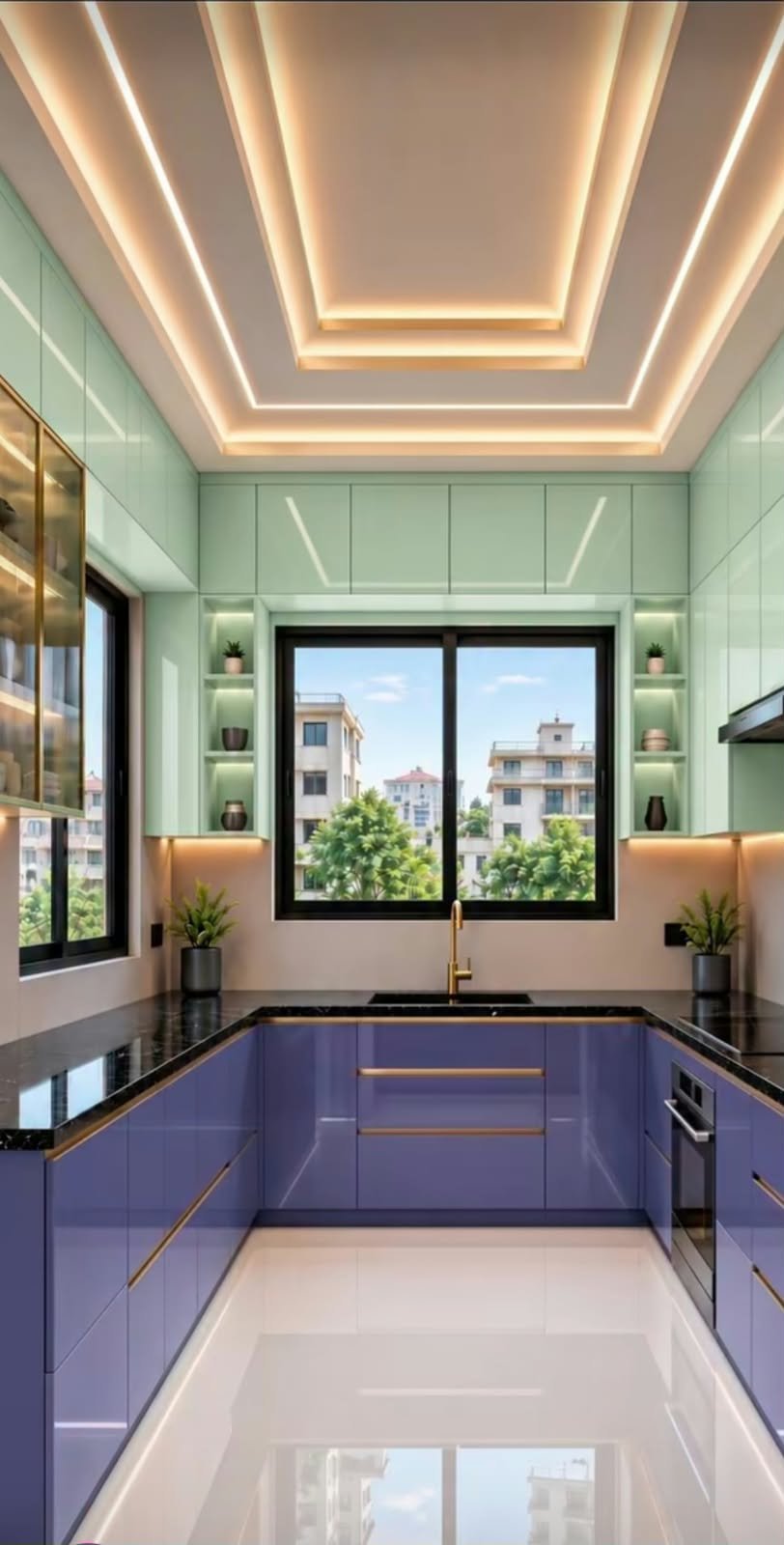 High-gloss teal modular kitchen